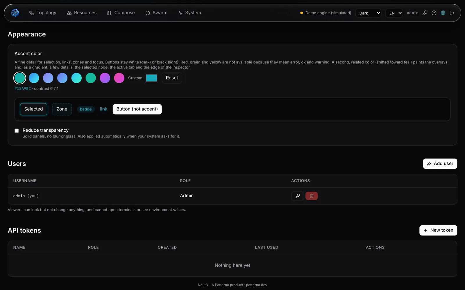 Appearance settings with a configurable accent, light and dark themes