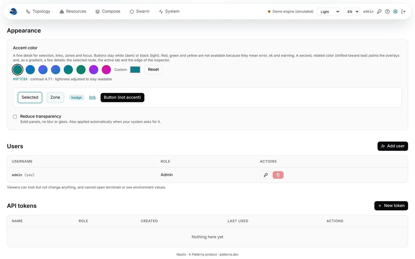 Appearance settings with a configurable accent, light and dark themes