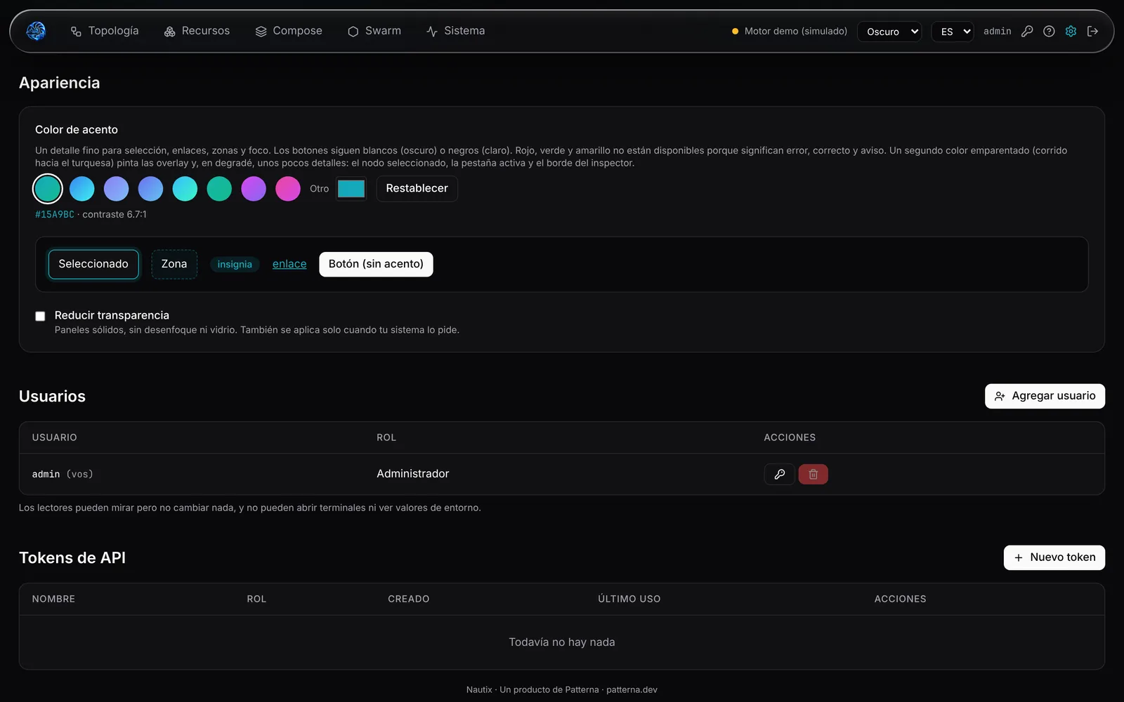 Ajustes de apariencia con acento configurable, tema claro y oscuro