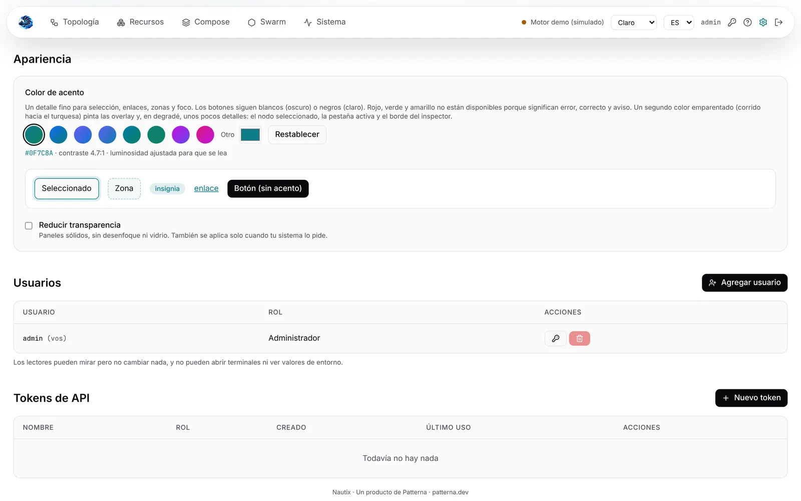 Ajustes de apariencia con acento configurable, tema claro y oscuro