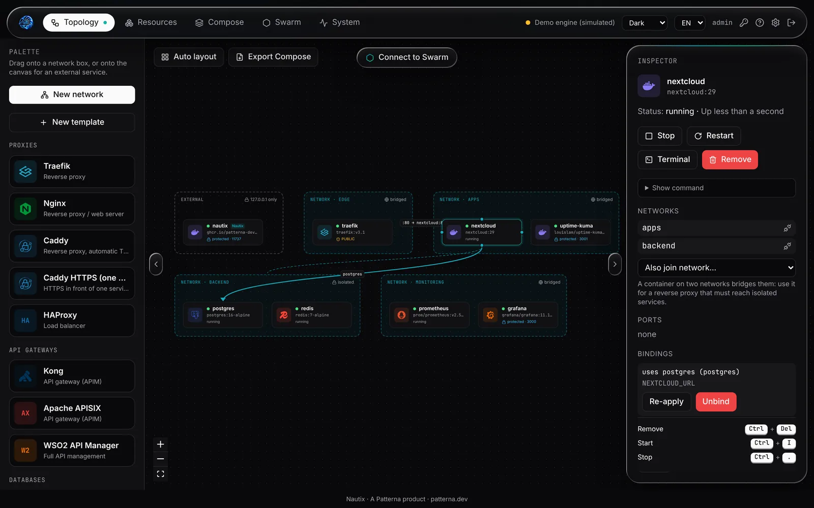 Container inspector with its networks, ports and actions