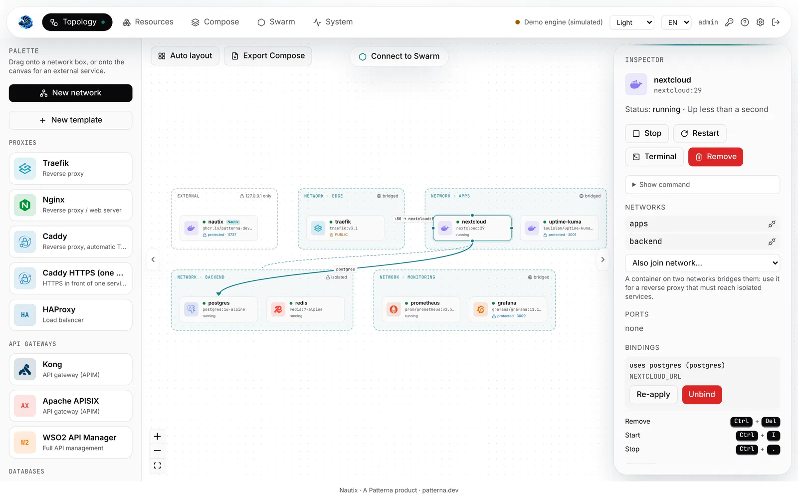 Container inspector with its networks, ports and actions